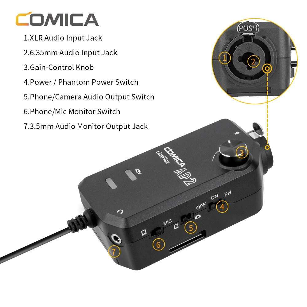COMICA LinkFlex AD2 XLR/6,35 мм до 3,5 мм аудио адаптер предусилителя с фантомным питанием для iPhone/Android/Nikon/Canon камеры и гитары