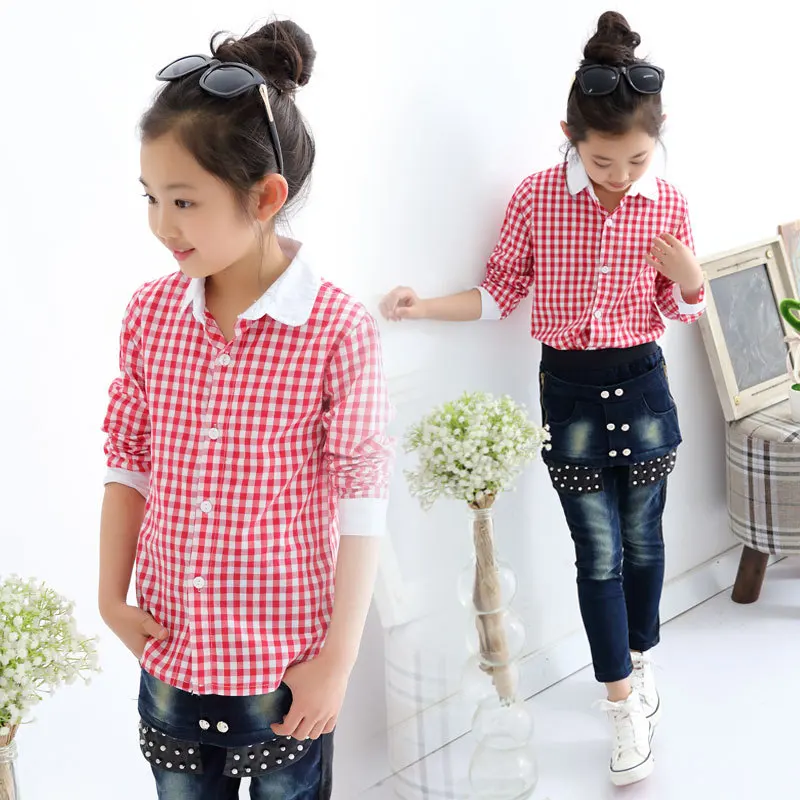 Весна-лето детская одежда рубашка рубашки для девочек клетчатые с длинными