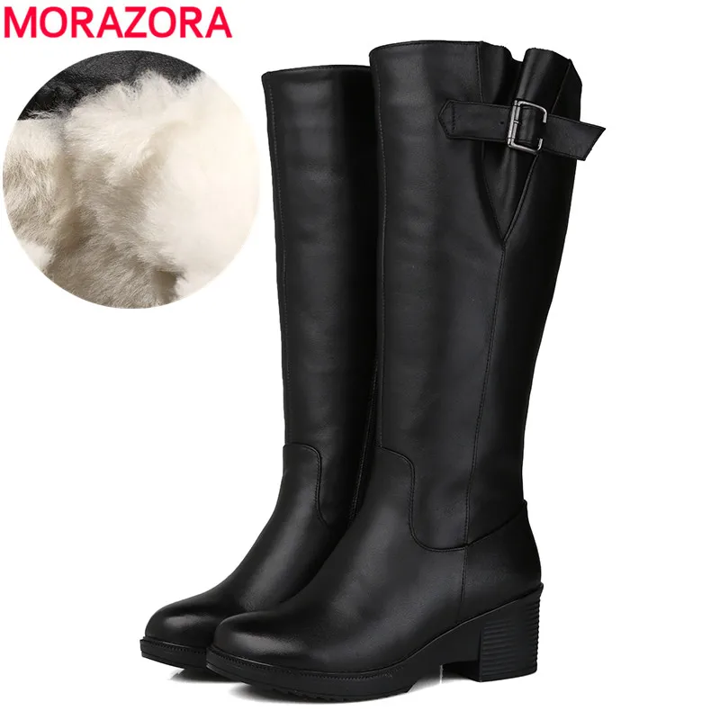 Женские сапоги из натуральной кожи MORAZORA черные до колена на платформе шерсти