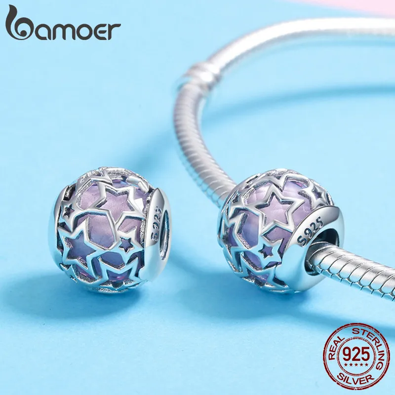 BAMOER 925 пробы серебряные лучистые сердца, опаловые розовые хрустальные бусины подходят для браслетов-шармов DIY Ювелирные изделия SCC510