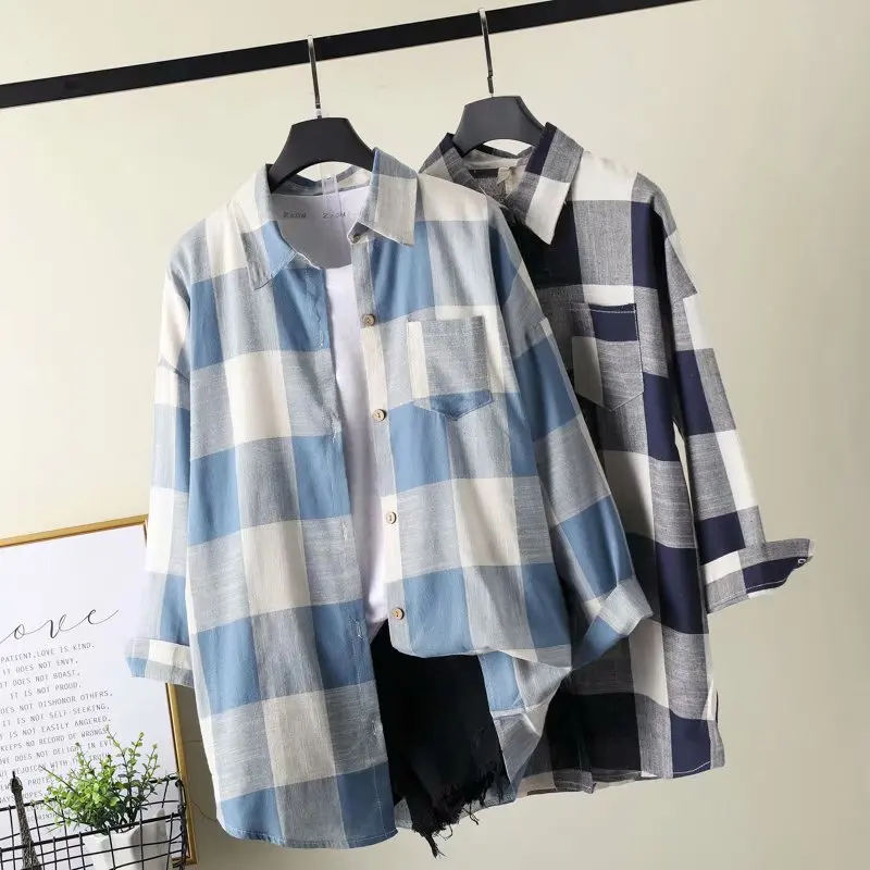 2019 Spring Long Sleeve Women's Plaid Causal shirt Plus Size S-2XL Turn Down Collar Cotton Femme Tops Mujer New |