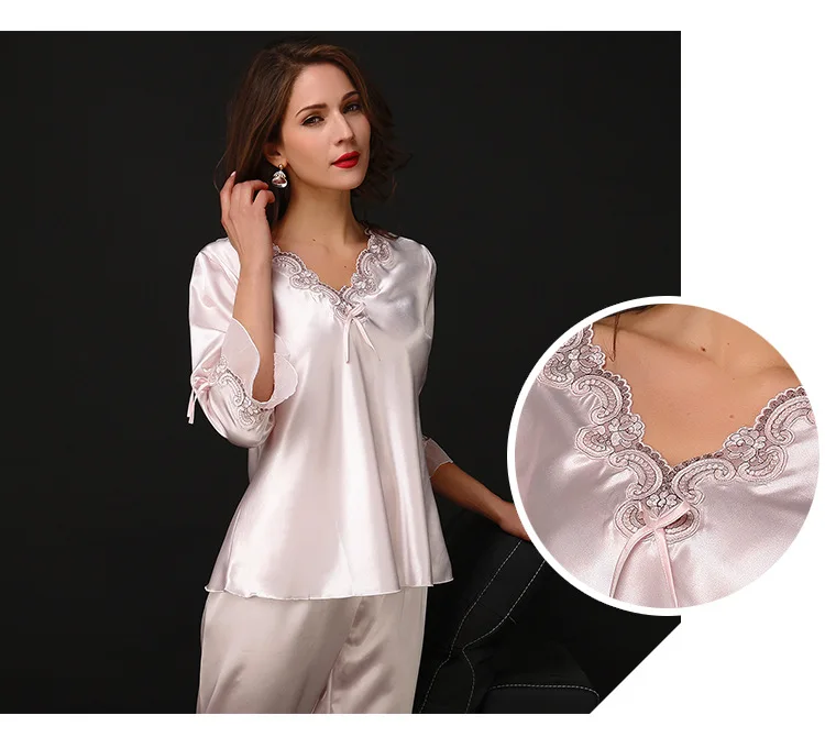 

Women's 2019 New Spring and Autumn Pajamas Set Faux Silk Square Collar Nightclothes Suit Long Sleeved Trousers Homewear