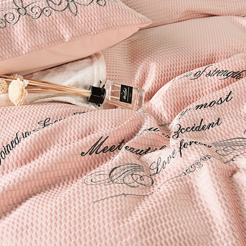 

Luxury Pink Egyptian Cotton Satin 4 Piece Bedding Sets Fashion Business Style 60S Quilt Cover Bed Sheet Set Queen King Size