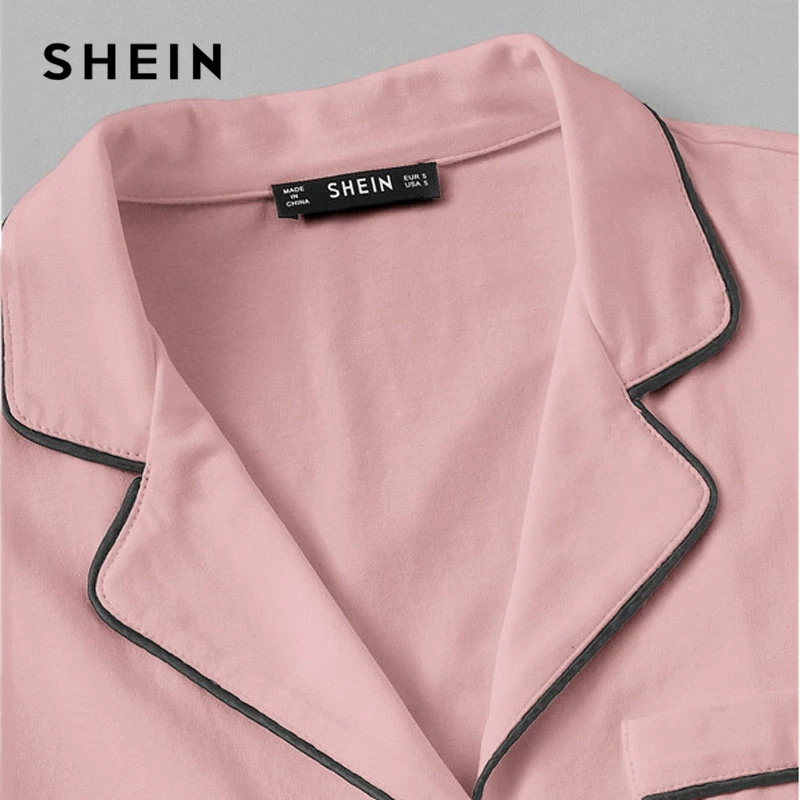 SHEIN контрастная окантовка карман спереди пижамный комплект черный короткий рукав топ с отворотом с эластичной талией шорты женские комплекты из двух предметов