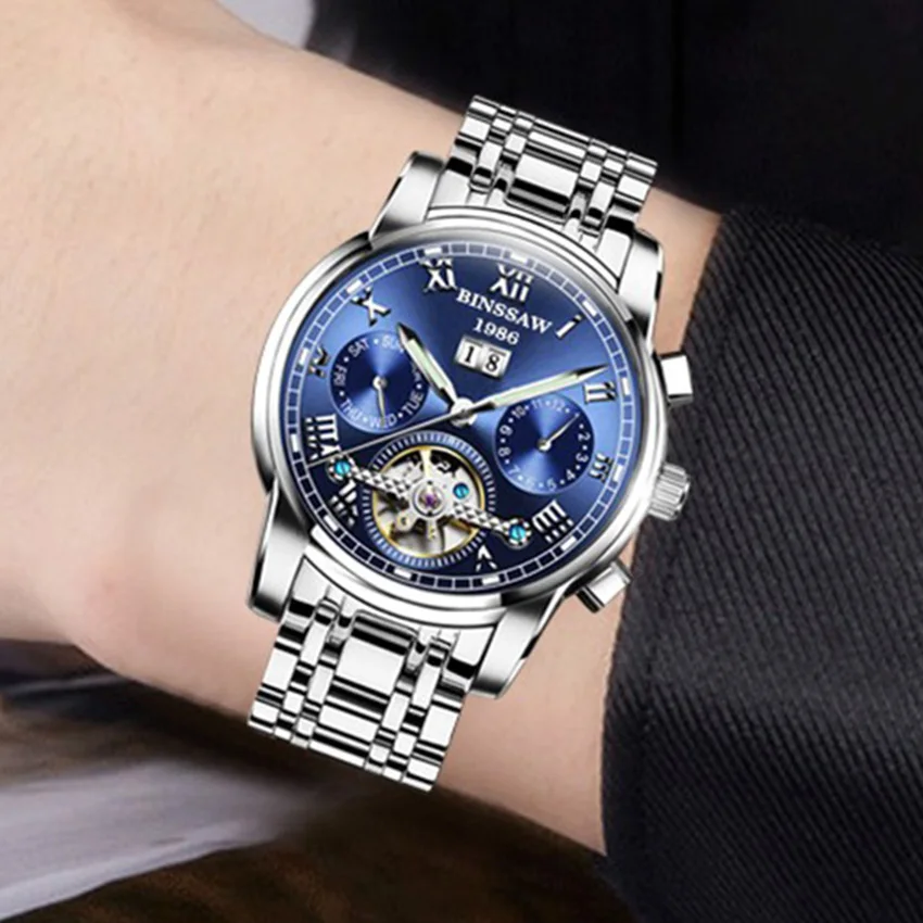 BINSSAW Tourbillon Мужские автоматические часы Топ бренд механические нержавеющая сталь
