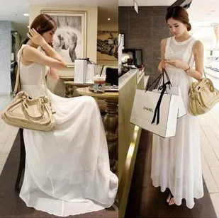 Новый корейский мода тонкий девушки женские длинное платье из шифона ну