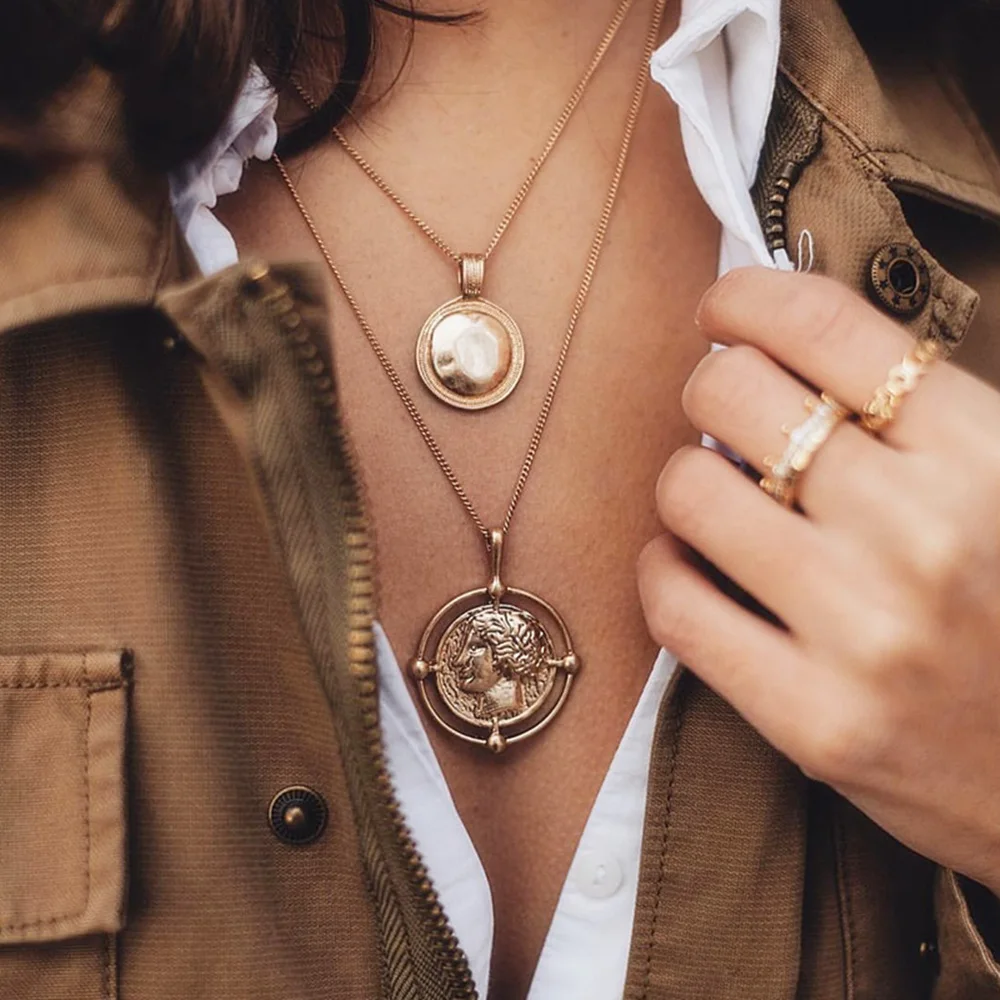 Винтажный браслет с резными монетами ожерелье для женщин Boho золотистый медальон