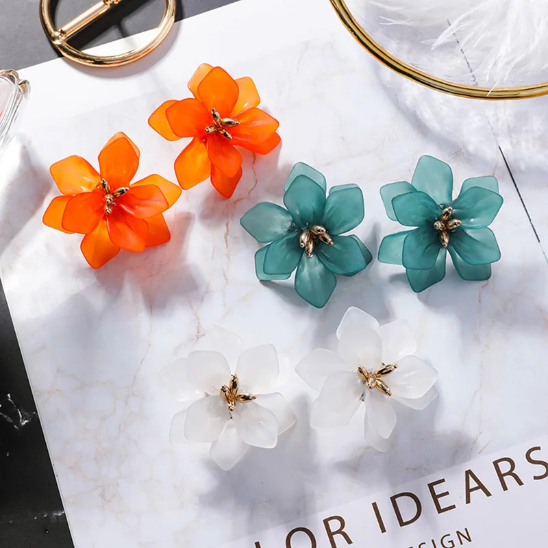 

Anti-allergy S925 Pin Orange Blue White Acrylic Flower Stud Earrings For Travel Women's Bohemian Big Flower Statement Earring