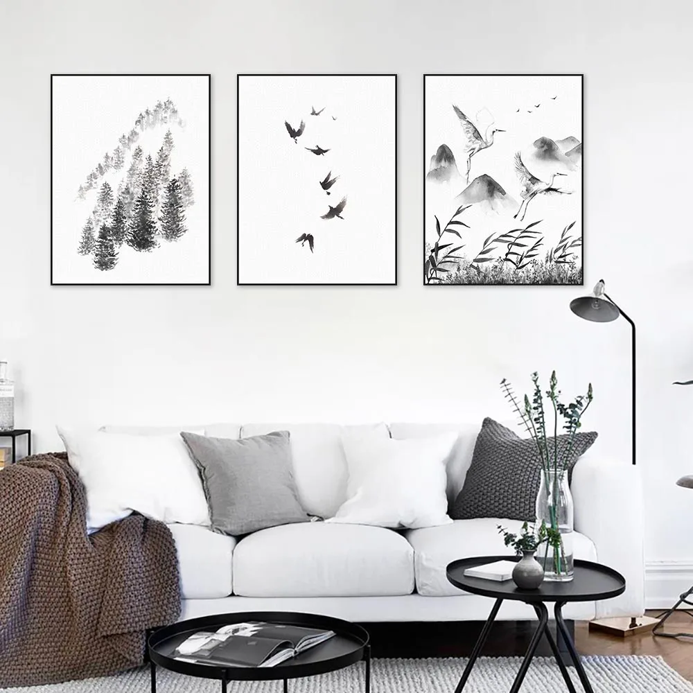 Chinese Ink Landscape Painting Birds Mountain Black White Posters Prints Oriental Living Room Wall Art Home Decor Canvas Picture | Дом и сад