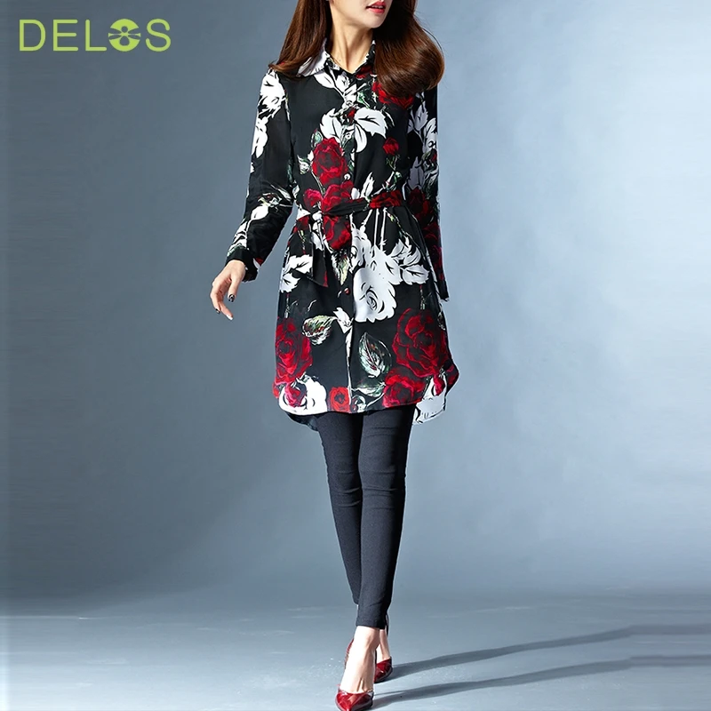 DELSO Марка Vestido Женская Мода Новый Длинным Рукавом отложным Воротником Цветочные