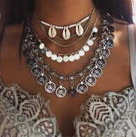 bohemian summer beach silver coin tassel sequin pendant choker necklace women gyspy multilaryer link neck chain maxi jewelry