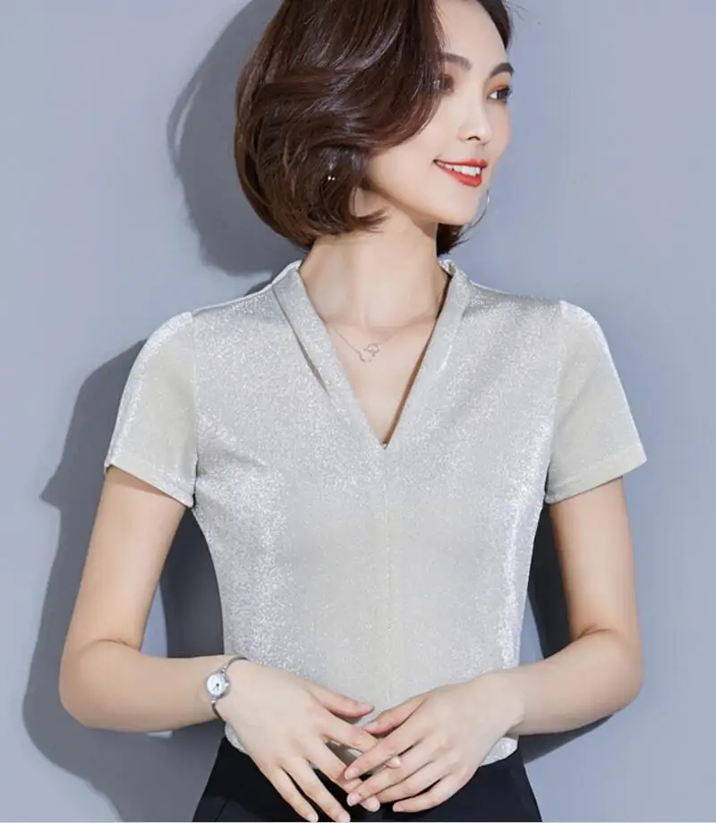 Blusas Mujer De Moda, новинка, яркая шелковая кружевная блузка, женские рубашки, блестящий люрекс, сексуальная, короткий рукав, для офиса, Женские топы и блузки