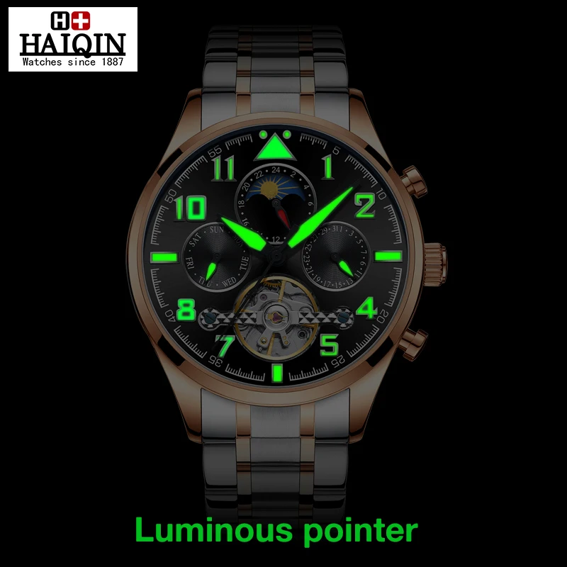 HAIQIN, модные наручные часы, мужские часы, Топ бренд, роскошные механические часы, кожа, мужские военные турбийон, Relogio Masculino