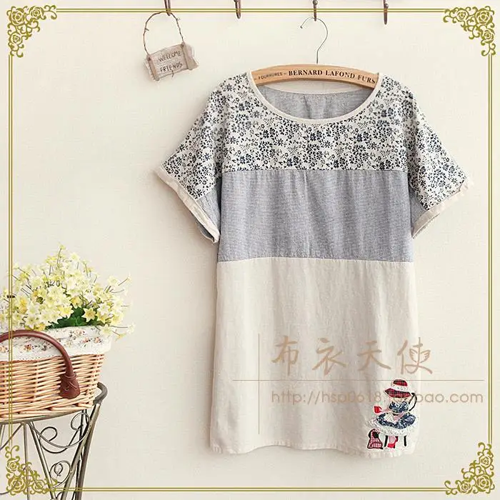 2014 the new women's cotton and linen floral stitching embroidery loose short sleeve T-shirt free shipping D064 | Женская одежда