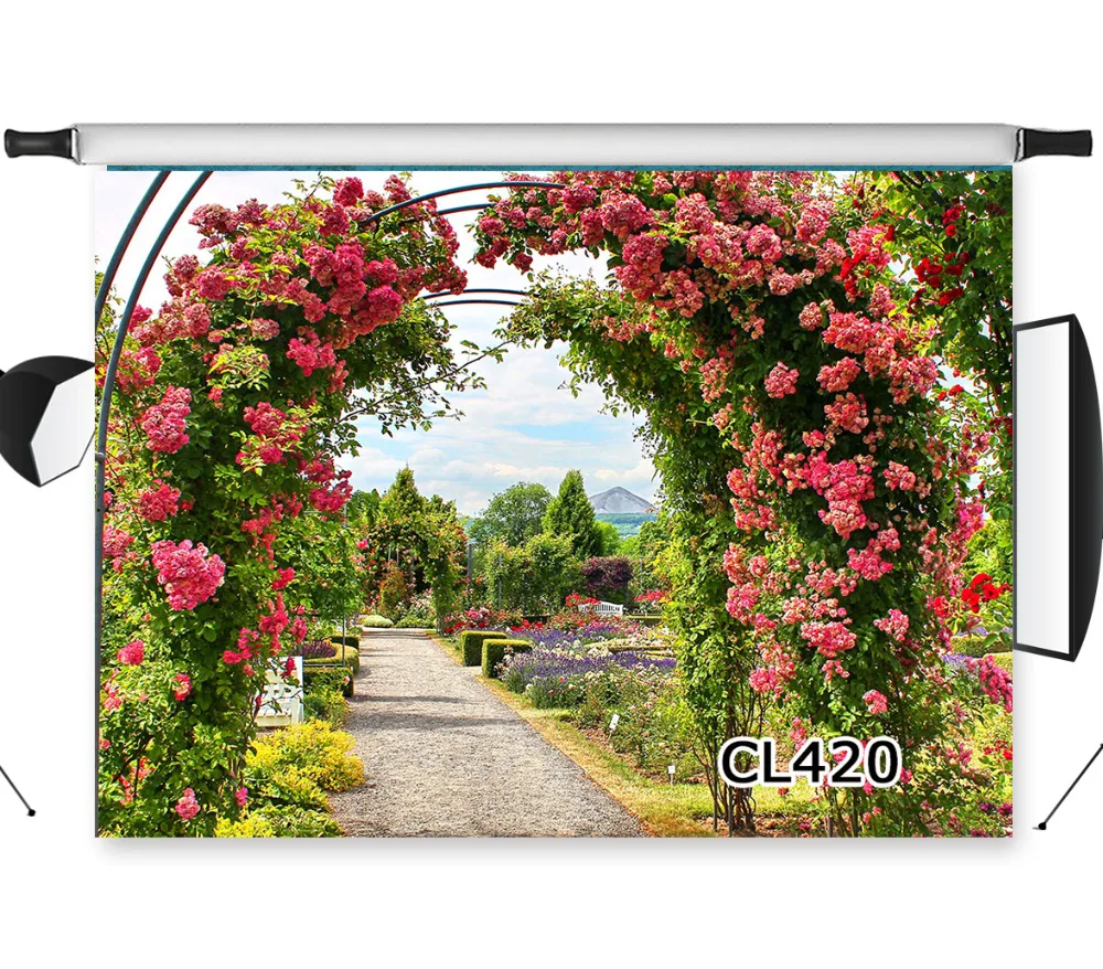

LB Rose Arch Garden Road Wedding Party Washable No Crease Background Backdrop Polyester Photography Floral Studio Props Seamless