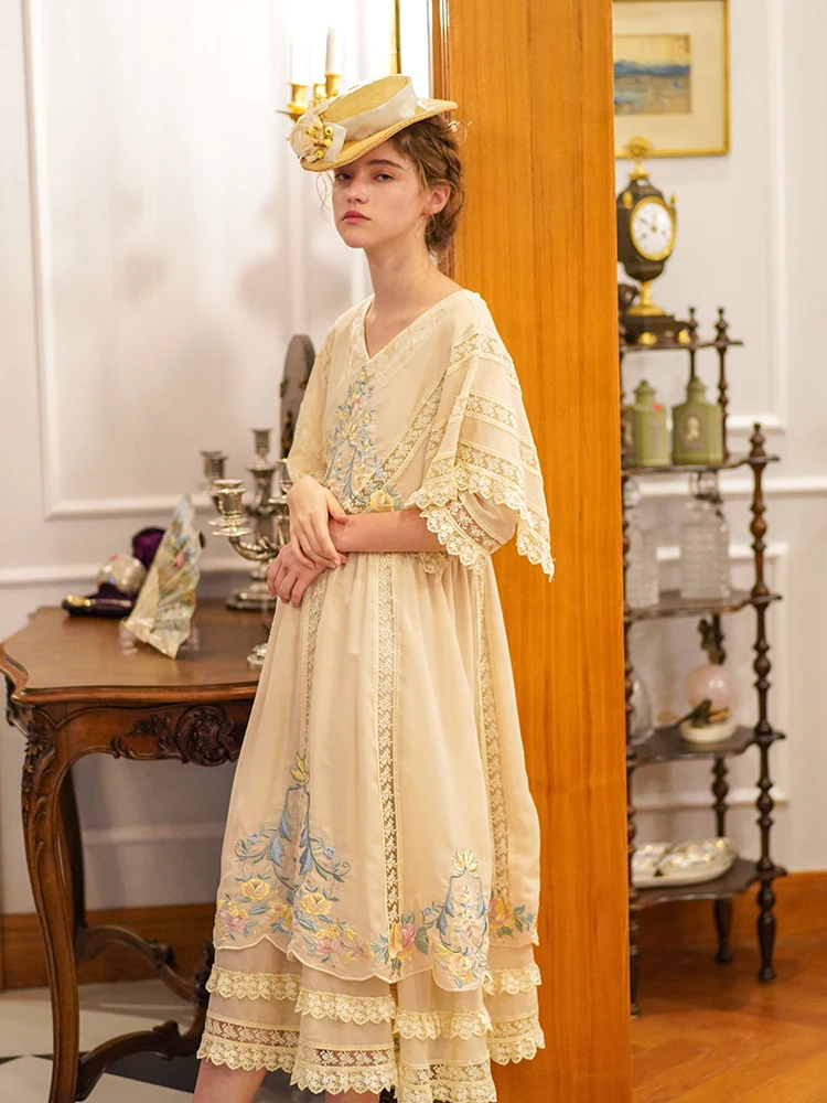 LYNETTE'S CHINOISERIE Spring Summer Original Design Women Exquisite Flower Embroidery Lace Patchwork Victorian Vintage Dresses