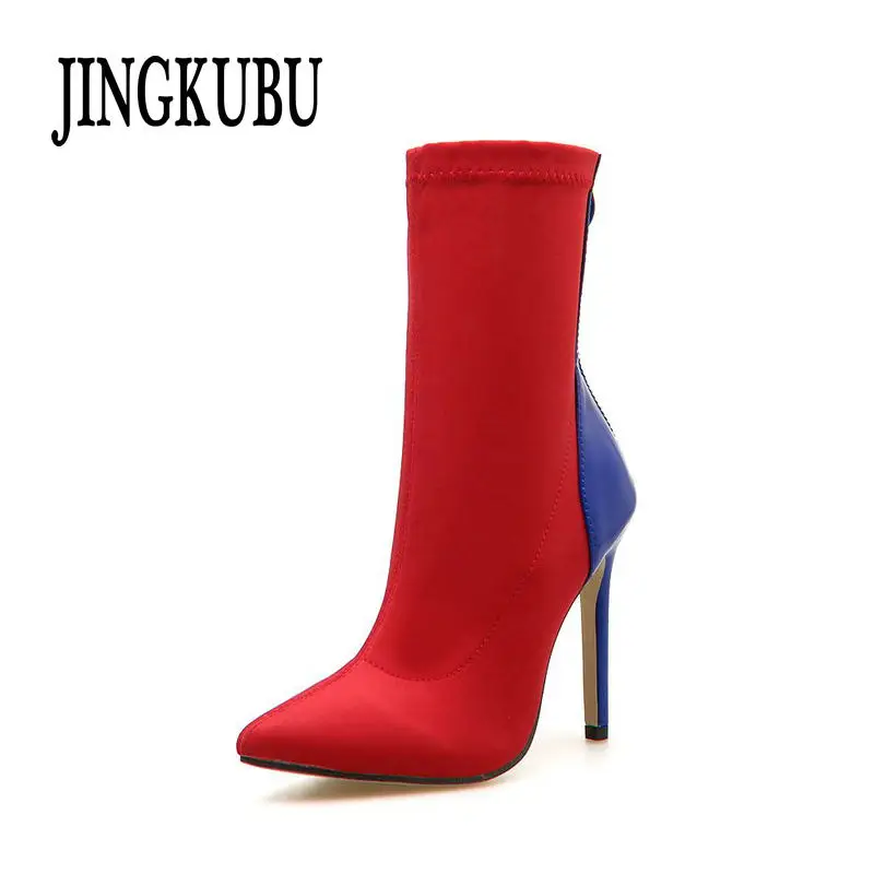 

JINGKUBU 2018 New Autumn Women Boots Stretch Fabric Pointed toe Ankle Boots Thin Heels Sexy Pumps Women Boots shoes Size 35-42