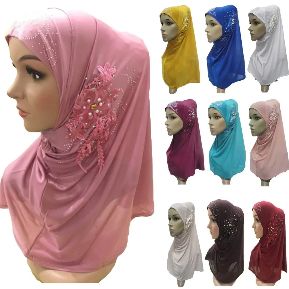 One Piece Amira Hijab Flower Head Scarf Muslim Women Beads Shawl Wrap Islamic Cover Prayer Hijabs Headscarf Arab Cap Hats | Тематическая