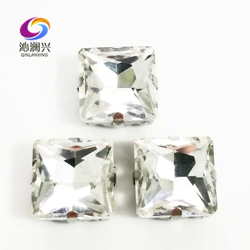 

White top quality Glass Crystal flatback sew on stones with holes,square shape claw rhinestone,Diy/Clothing accessorie SWZ401