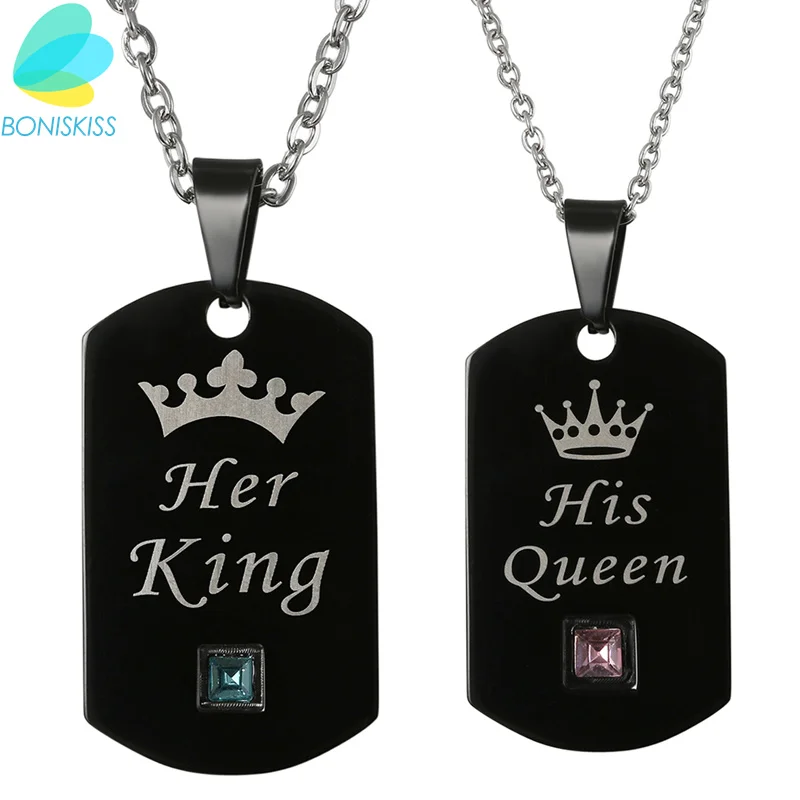 BONISKISS Fashion Couple Valentine's Day Necklaces Jewelry Her King & His Queen Customize Dog Tag Charm Lovers Pendant Necklace