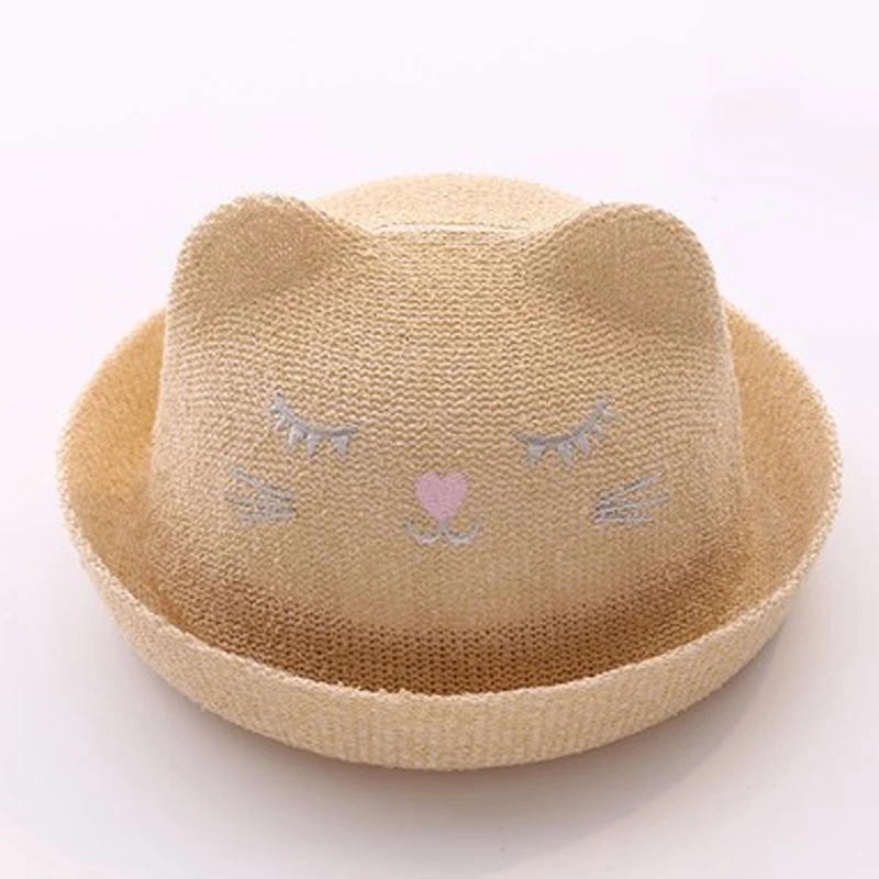 khaki 52cm BalleenShiny милая детская мультяшная соломенная шляпа с кошачьими ушками, шляпа от солнца для мальчиков и девочек, Круглая Плоская Панама, пляжная шляпа, шляпа для фотосессии - Цвет: khaki 52cm
