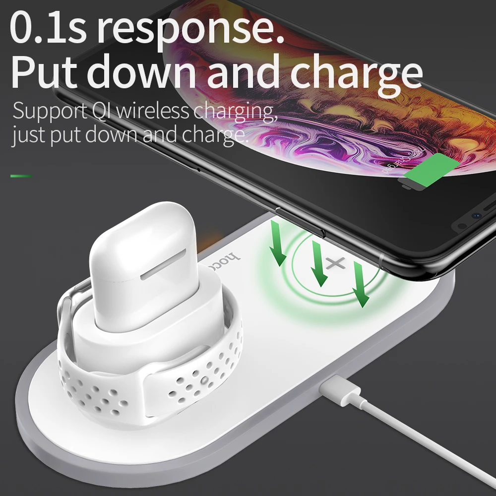 Беспроводное зарядное устройство Qi Hoco для телефона наушников и часов 3 в 1 10 Вт |