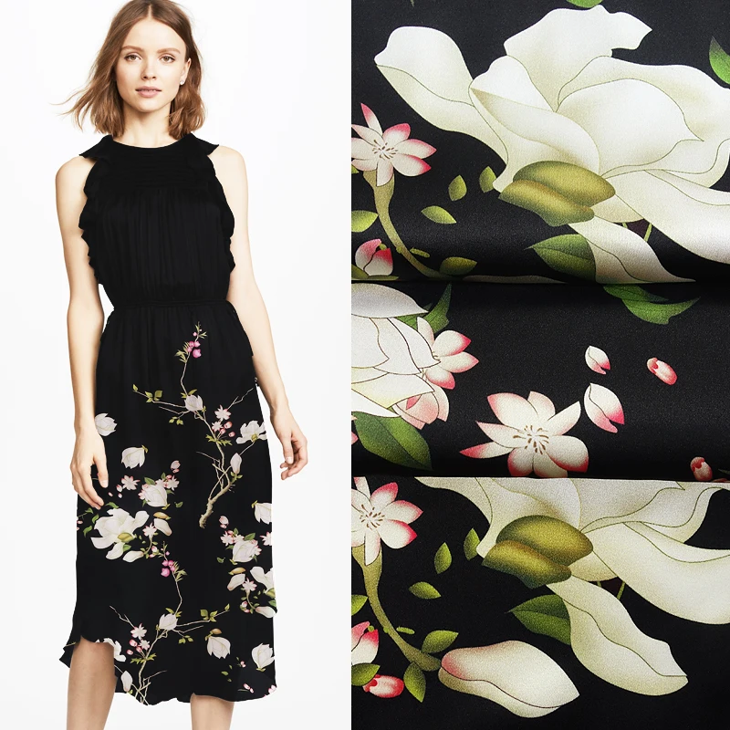 

118*125CM 19MM White Lotus Print Stretch Smooth Black Silk Satin Fabric Good for Summer Dress Skirt Shirt Pants JH028
