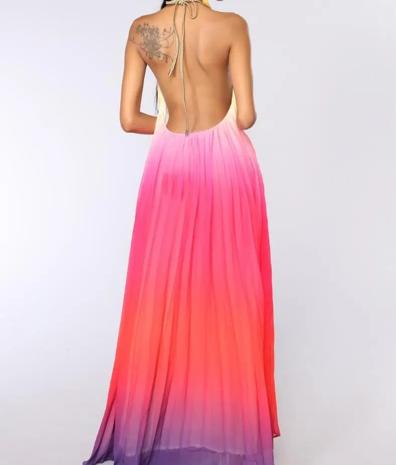 Женское длинное платье с градиентом шифоновое открытой спинкой и холодным