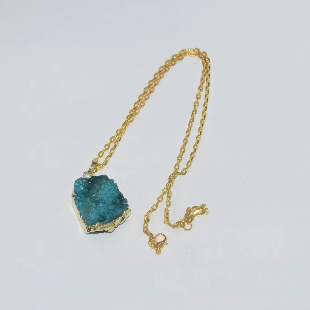 Geode Druzy Crystal Quartz Pendant Necklace Blue Irregular Energy Custom Adjustable stone gold chain women long necklace 2019 | Украшения и