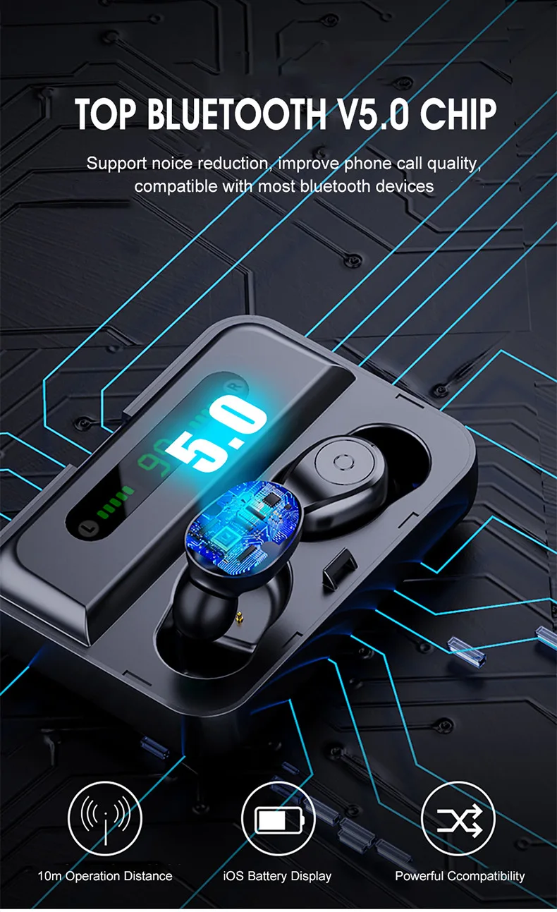 F9 5 TWS беспроводные bluetooth наушники мини с микрофоном 8D стерео гарнитура в ухо LED