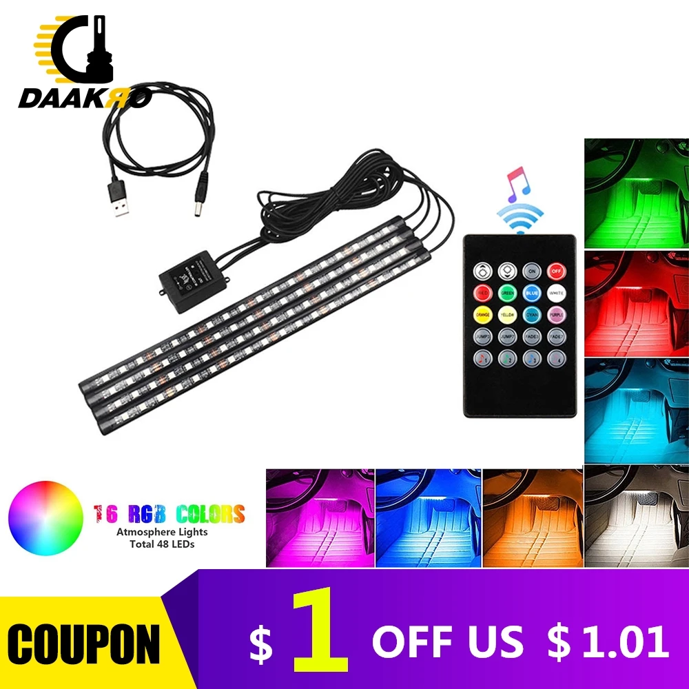 4 шт. ультратонкий RGB 12 48 светодиодный Авто интерьерный неоновый атмосферный светильник, музыкальный пульт дистанционного управления, цветной DC 12 В 10 Вт