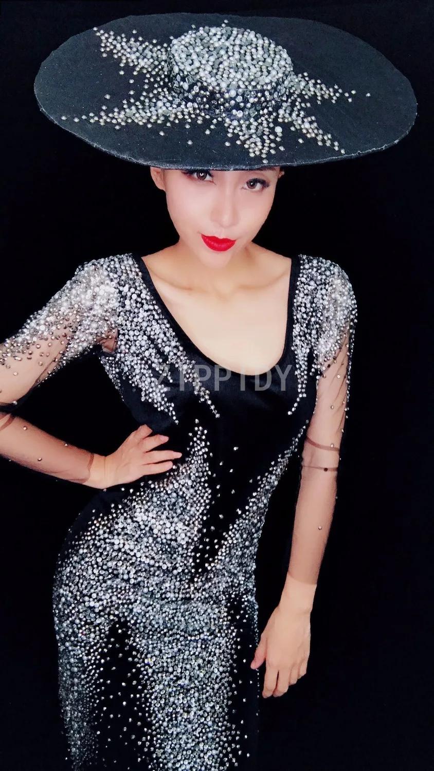 Sparkly Rhinestones Long Dress Black Backless Clothes Women's Birthday Celebrate Female Singer DS Nightclub Mesh Sleeves Outfit | Женская