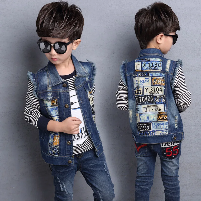 

Teenage School Boy Denim Vests Spring Autumn 2018 Printed Jeans Jackets Fashionable Sleeveless Outerwear Cowboy Boy Waistcoats