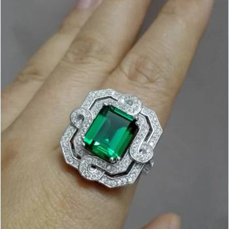 Qi Xuan_Fashion Jewelry_Luxury прямоугольные CZ зеленые камни Rings_S925 Твердые серебряные Rings_Factory