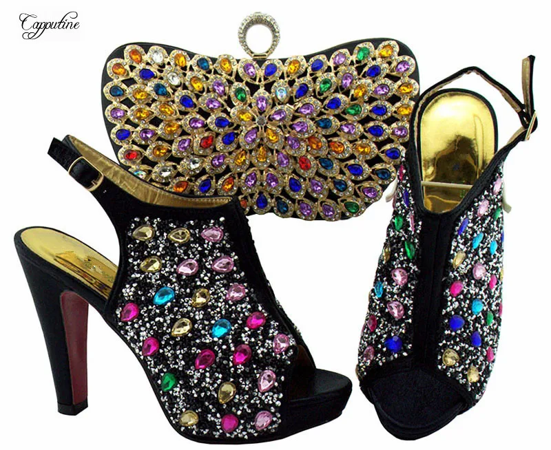 

Excellent black party set high heel sandal shoes and evening bag set with colorful stones QSL005