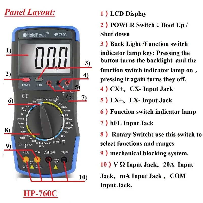 2018 Holdpeak Hp 760c 1000 Вольт и 20 ампер цифровой мультиметр метр с частотой емкости