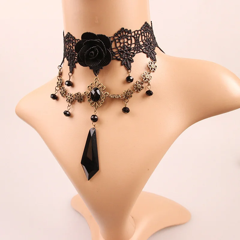 

12 Pieces/Lot Big Rose Flower Necklaces Clavicle Links Chain Chokers Crystal Charm Statement Colliers Lace Sexy For Bridesmaids
