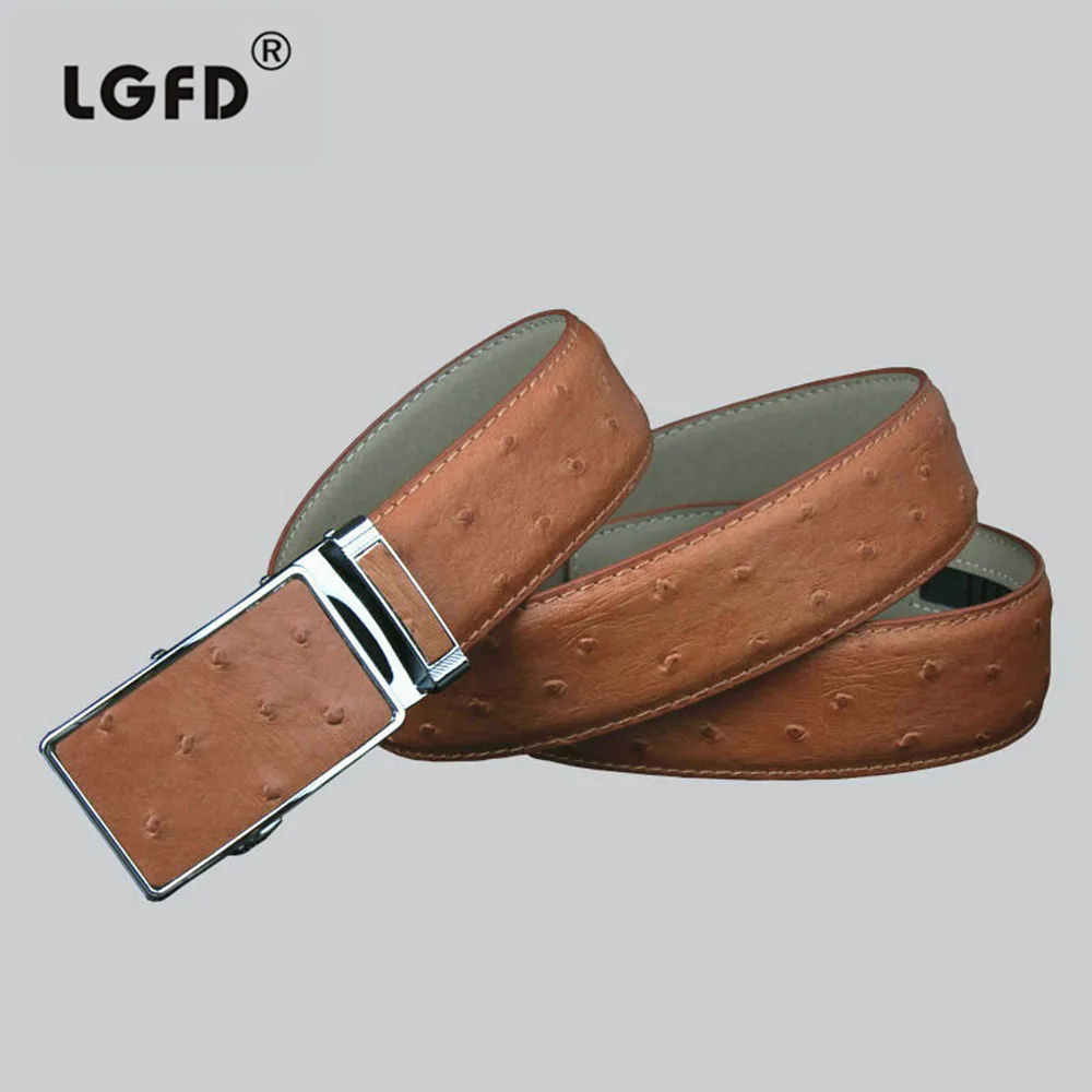 LGF1322 Ostrich automatic belt buckle  cowhide genuine leather  double stitched Men's  Ratchet Belt
