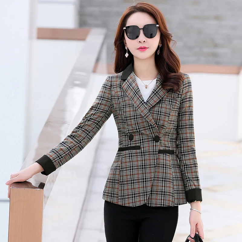 

YUSHU Women Plaid Blazer Autumn Female Work Jacket Fashion Office lady Elegant Single Button Blazers Feminino