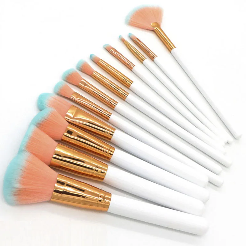 12pcs White No bag 12 шт. набор кистей для макияжа вентилятор рассыпчатая пудра контурная кисть для румян кисть для бровей, Кисть для макияжа, с высокое качество кожаный чехол - Handle Color: 12pcs White No bag