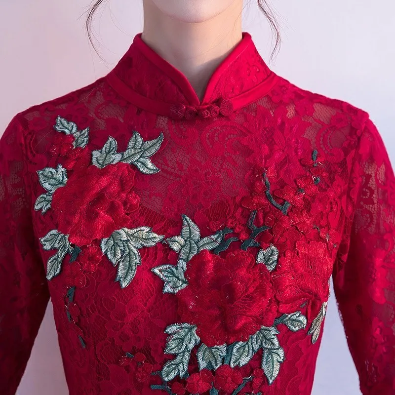 Кружево Qipao Длинные невесты свадебное вечернее платье современные китайские