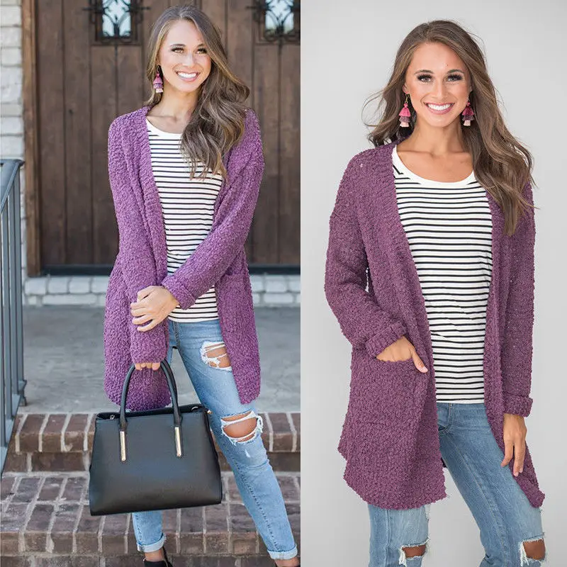 2019 Fashion Womens Popcorn Open Cardigan Long Sleeves Solid Color Knit Sweater with Pockets Tops Front Tunic Length Thin |