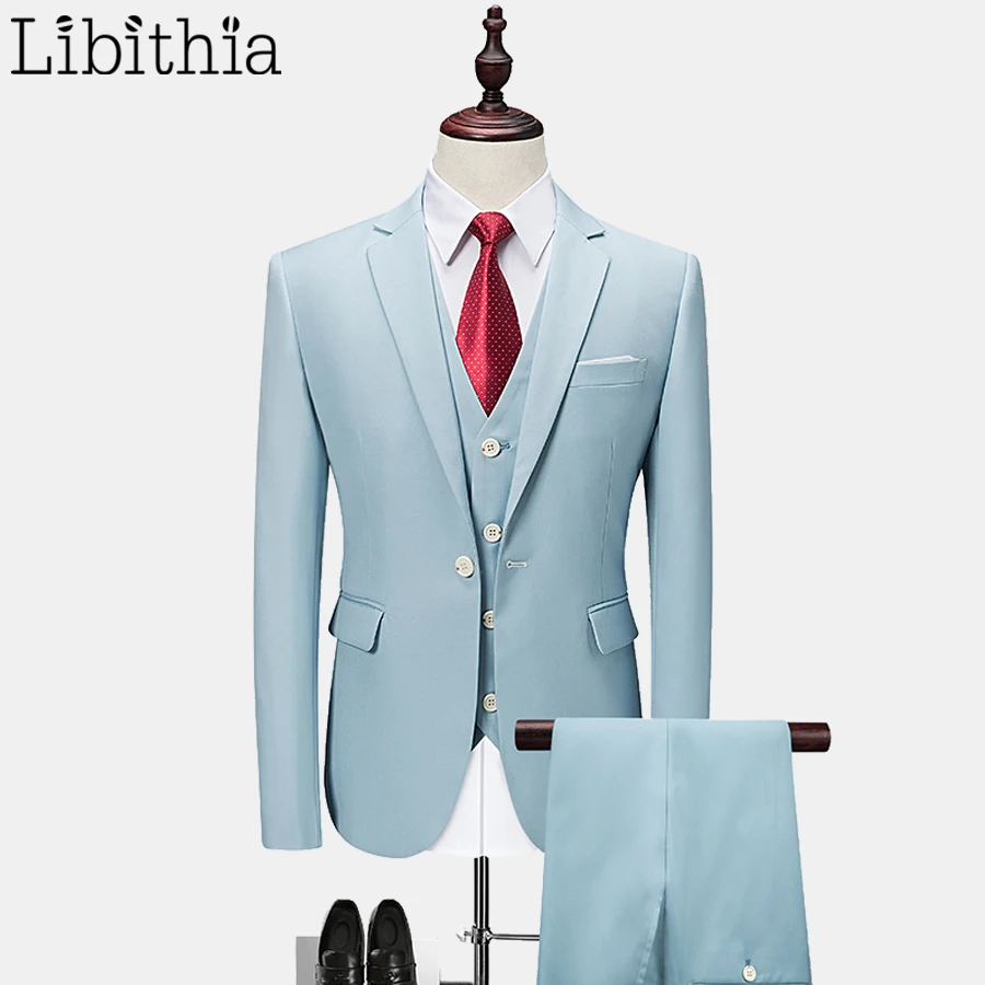

Men Formal Light Blue Suits 3 Pieces Slim Suits Blazer Jackets Vest Pant One Button Wedding Dress Smart Casual Clothes Male T116