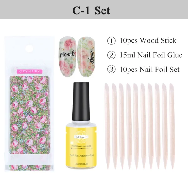 C-1 Set Фольга для ногтей клеевой гель набор цветок Звездная Holo бумага DIY переводная Фольга для ногтей черная Прозрачная основа под лак гель маникюр CH798-1 - Цвет: C-1 Set