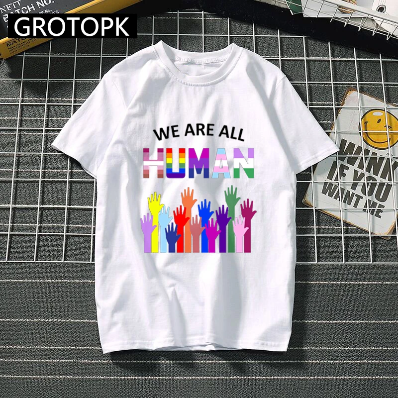 

Футболка с надписью «We Are All Human ЛГБТ», мужская рубашка с защитой прав гомосексуалистов гордости, топ с коротким рукавом в стиле Харадзюку, дл...
