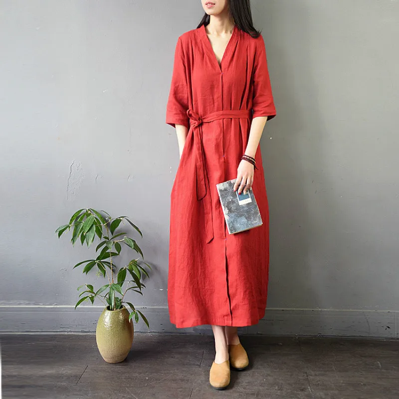Summer Dress 2019 Elegant Women Deep V Neck Fashion With Sashes Loose Vintage Linen Maxi Spliced Fixed Button Pocket | Женская одежда