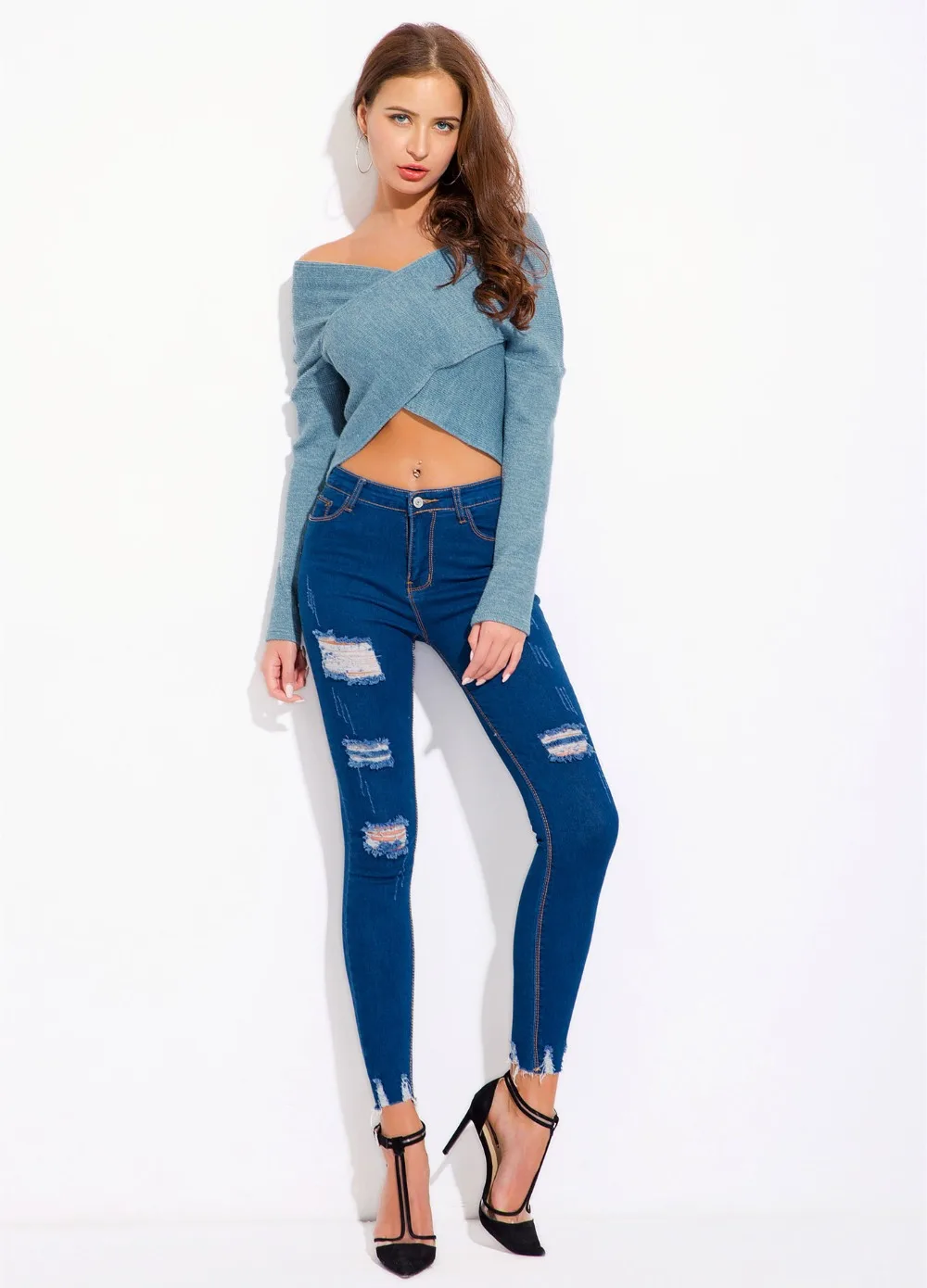 Women Autumn Off Shoulder Long Sleeve Knitted Sweaters Sexy Cross V Neck Knitwear Crop Tops Blue Jumpers | Женская одежда