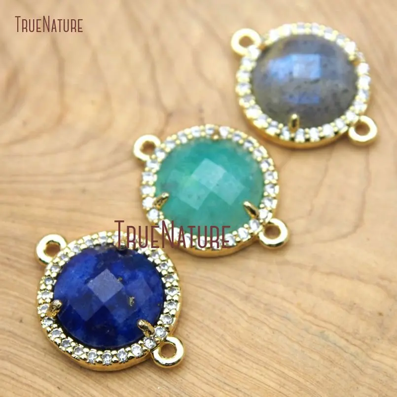 

10Pcs Gold Color Faceted Round Shape Double Bail Pendant Blue Rock, Pure Amazonite, Labradorite Connector Sale 13mm PC15703