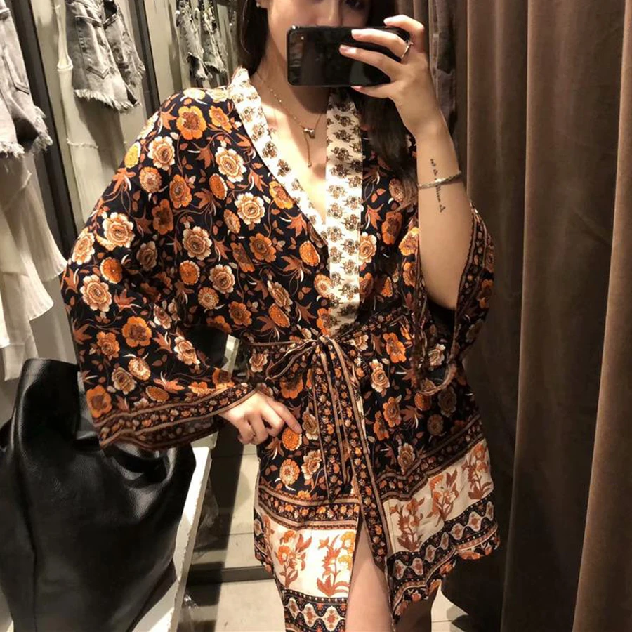 Женский кардиган с цветочным принтом Feccer коричневая пляжная блузка в богемном