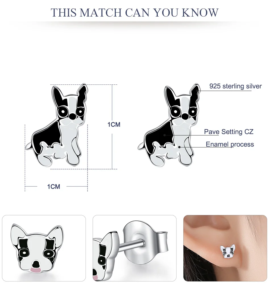 BELAWANG Spring Silver Jewelry Cute Dog Animal Small Stud Earrings 925 Sterling Silver French Bulldog for Women Girls Party Gift
